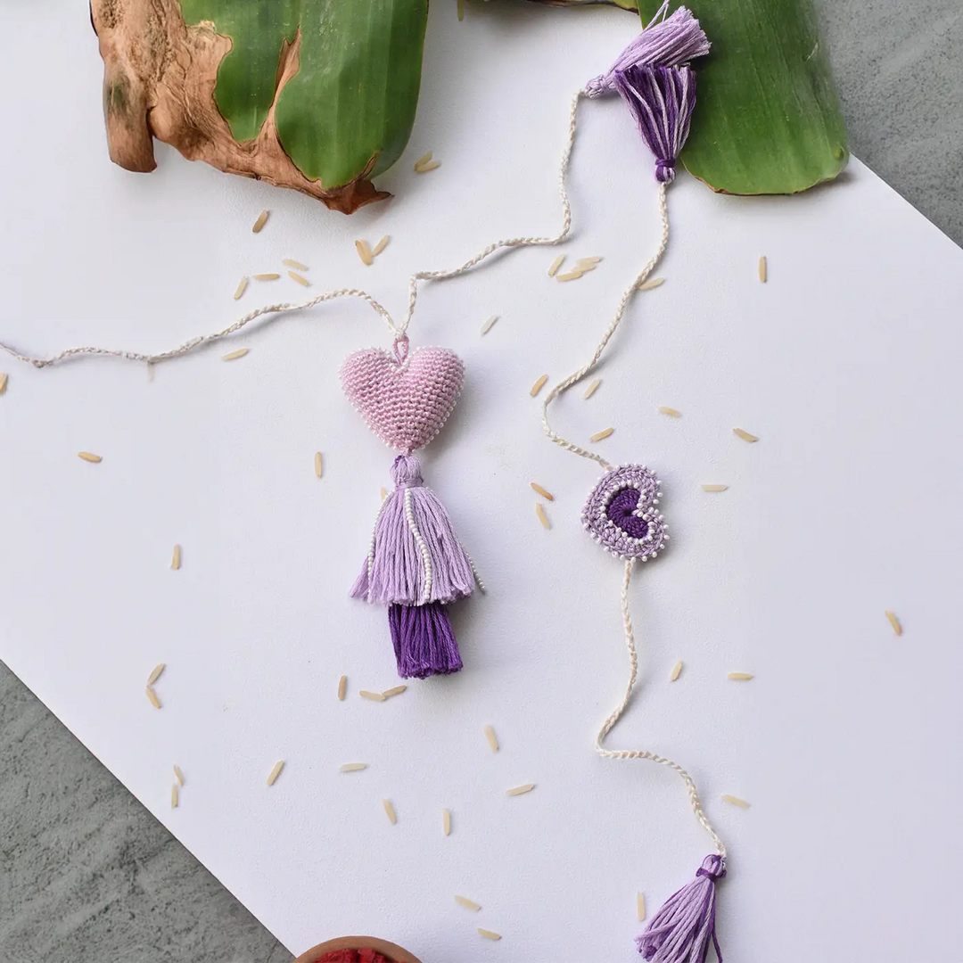 Handmade Crochet Purple Heart Bhaiya Bhabhi Rakhi With Roli Chawal | Set Of 2