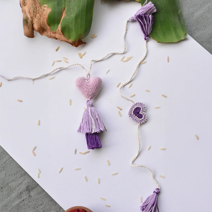 Handmade Crochet Purple Heart Bhaiya Bhabhi Rakhi With Roli Chawal | Set Of 2