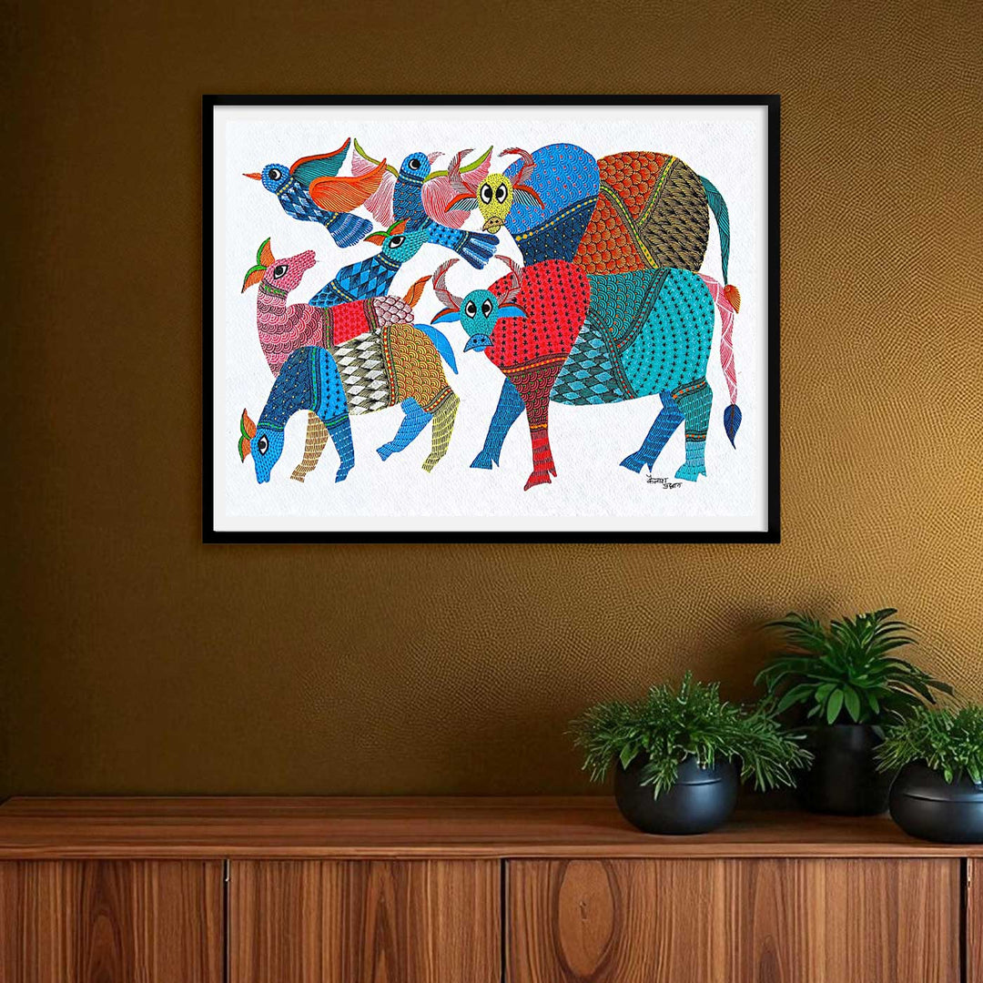 11 x 15 Inch | Colorful Cows and Birds in Harmony | Original Hand painted Tribal Gond Art Painting | Acrylic Paints On Paper