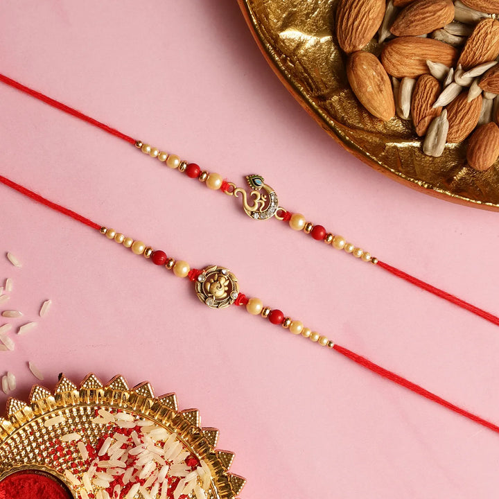 Handmade Festive Rakhi Hamper | Includes 1 "Family" Table Decor, 1 Ganesha Rakhi, 1 Om Rakhi, 1 Roli Chawal