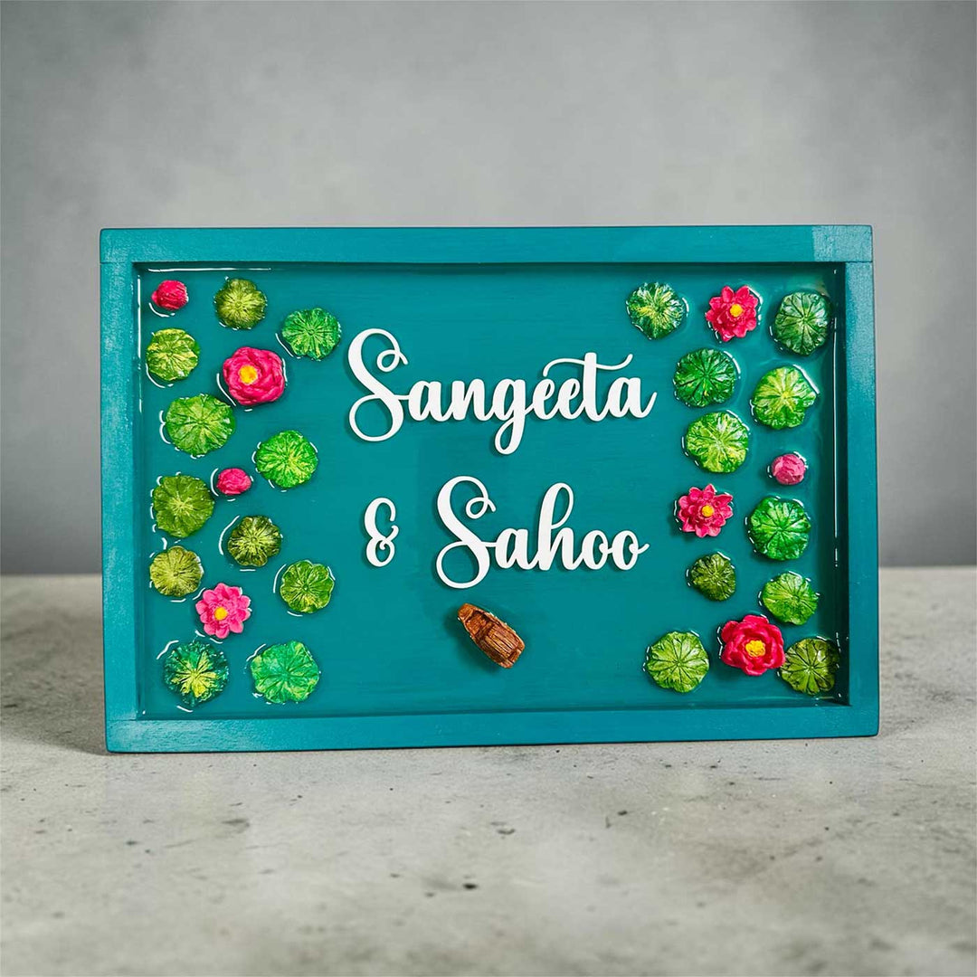 Lily Pond "Majestic" 3D Personalized Resin & Teak Wood Name Plate With Acrylic Letters For Home