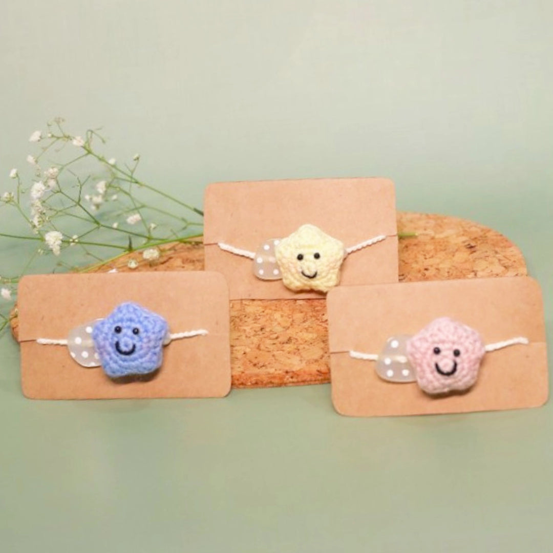 Handmade Crochet Little Star Kids Rakhi With Roli Chawal For Newborns - Grouped Display of All Colors