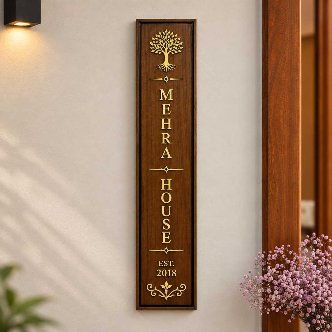 Minimal Linear Design Vertical Slim Personalized Handcrafted Teak Wood Name Plate With Inlaid Brass Lettering & Resin Border For Home
