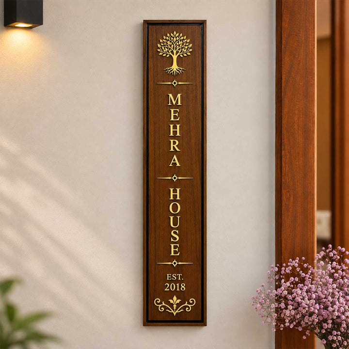 Minimal Linear Design Vertical Slim Personalized Handcrafted Teak Wood Name Plate With Inlaid Brass Lettering & Resin Border For Home