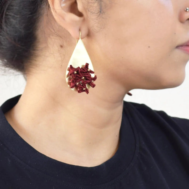 Handmade Textile Art Floral Drop Shaped Dupion Silk Fabric Earrings