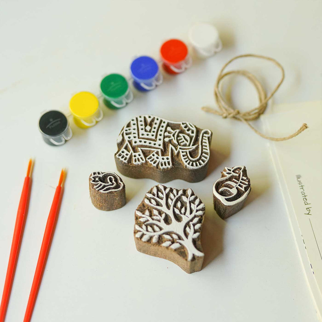 The Mighty Elephant And The Tiny Mouse Panchatantra Block Printing DIY Kit | 5 Stamps, Poster Colours, Painting Brush, Printing Pads, Story Cards  And Jute String