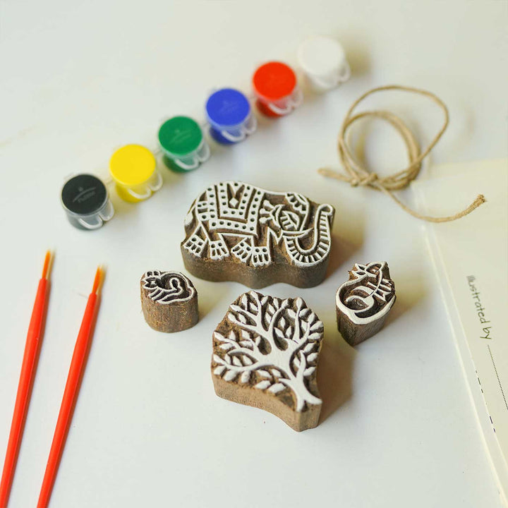 The Mighty Elephant And The Tiny Mouse Panchatantra Block Printing DIY Kit | 5 Stamps, Poster Colours, Painting Brush, Printing Pads, Story Cards  And Jute String