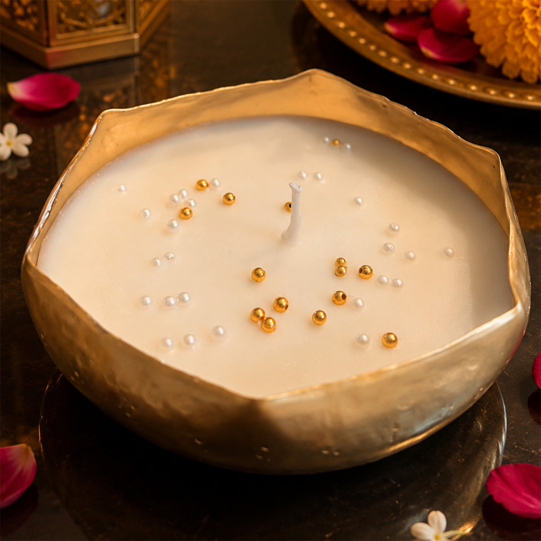 Swarn Utsav White & Gold Basket Diwali Gift Hamper With Urli Candle, Shubh Labh Potli And Pomegranate Vase For Festive Gifting