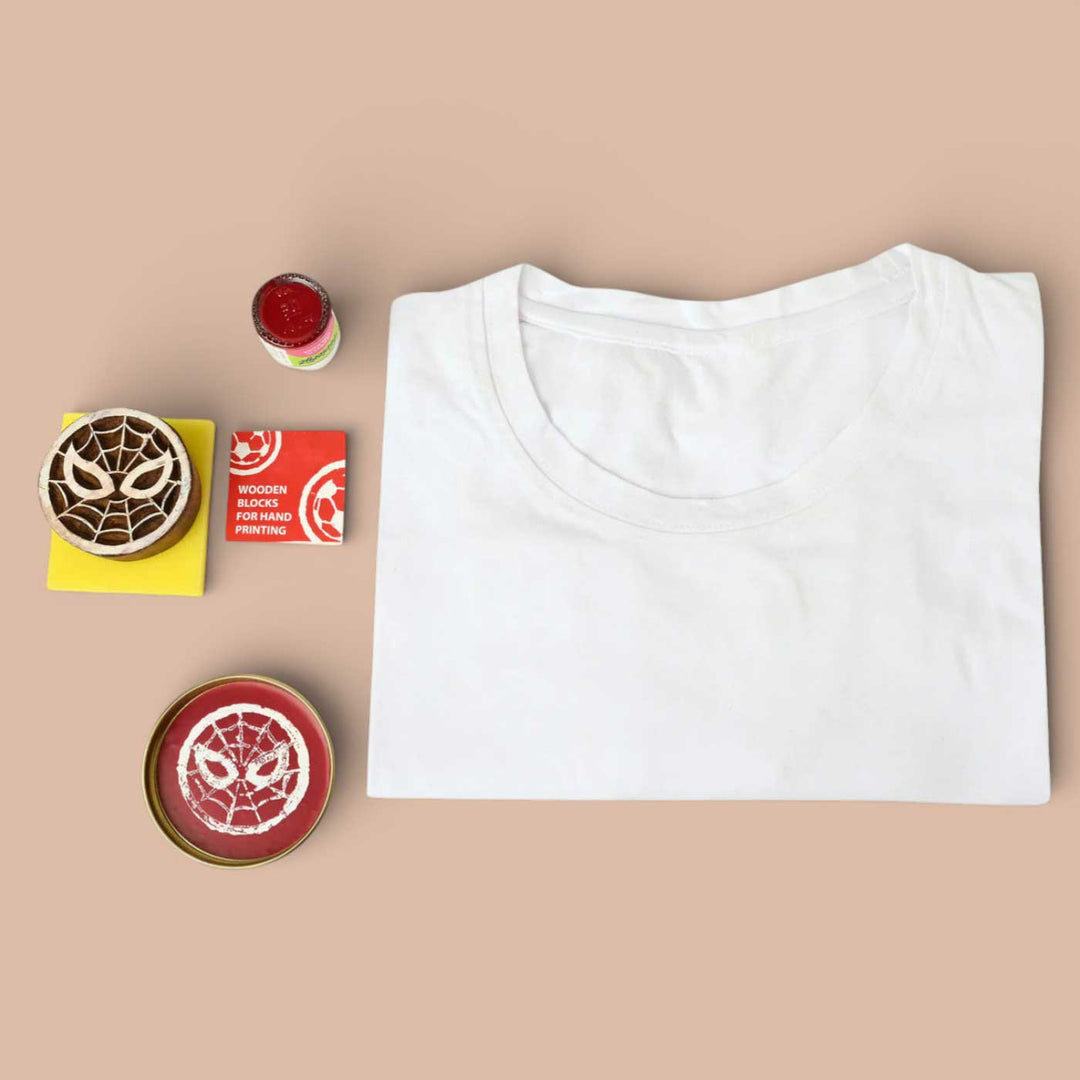 Spiderman Design T-shirt Block Print DIY Kit | 1 White Cotton T-shirt, 1 Fabric Paint And 1 Wooden Block