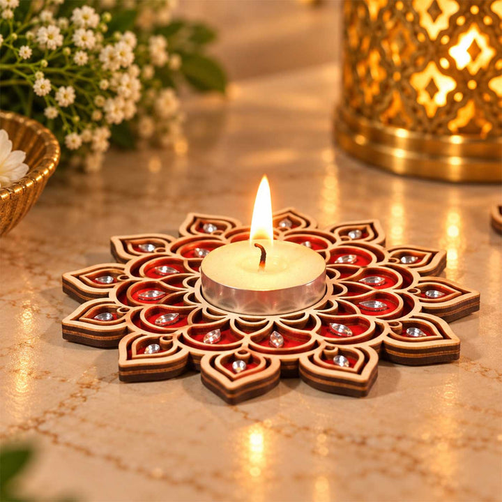 Handcrafted Heritage Mandala Red Wooden Tealight Holder with Mirror Accents
