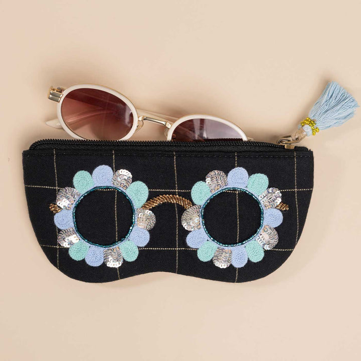Handmade Embroidered Blue Coolers Design Suede Sunglass Cover