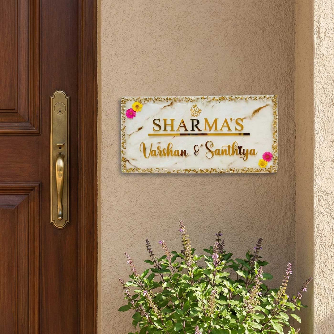 Personalized White & Gold Ganesha Theme Resin Name Plate