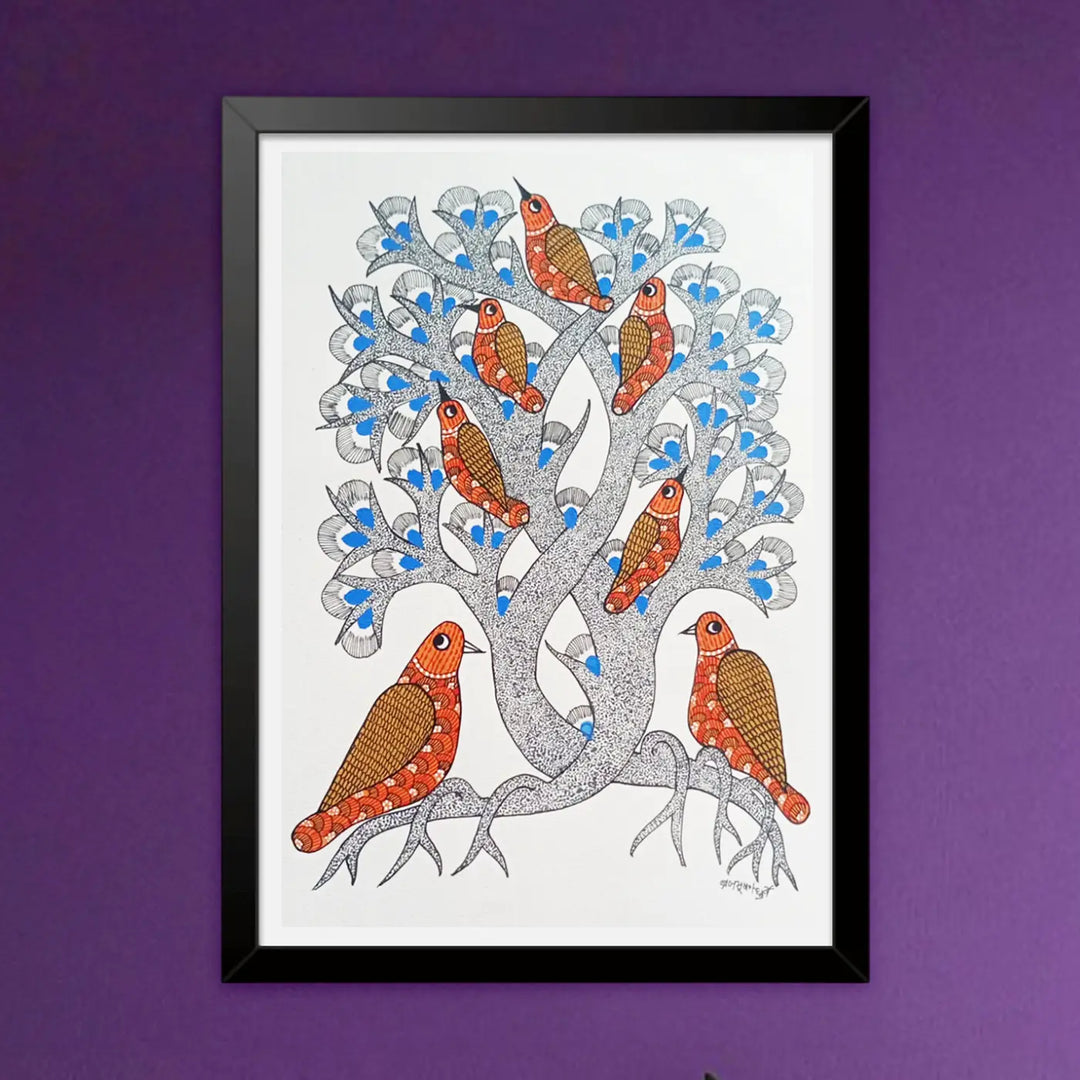 11 x 16 Inch | Birds On Tree | Original Hand Painted Tribal Gond Art Painting | Acrylic Paint On Paper