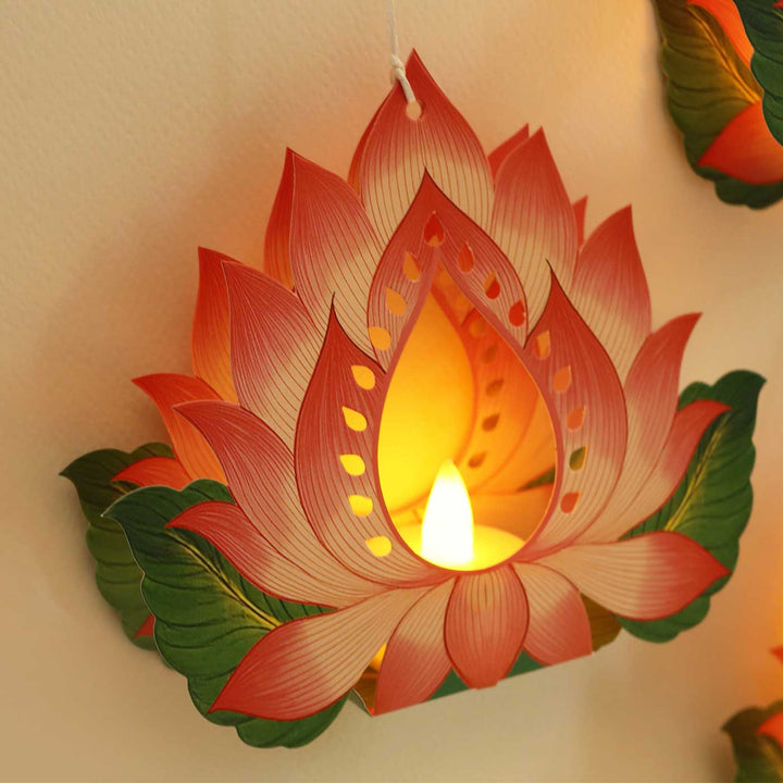 Handmade Hanging Lotus Diya Design With Electric Tealights | Set Of 4