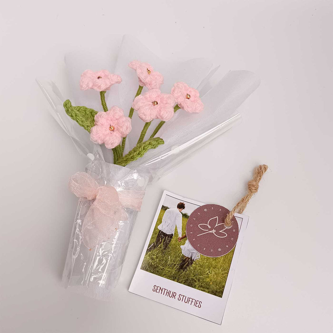 Handmade Crochet Light Pink Blossom Mini Flower Bouquet | Includes Photo & Greeting Card