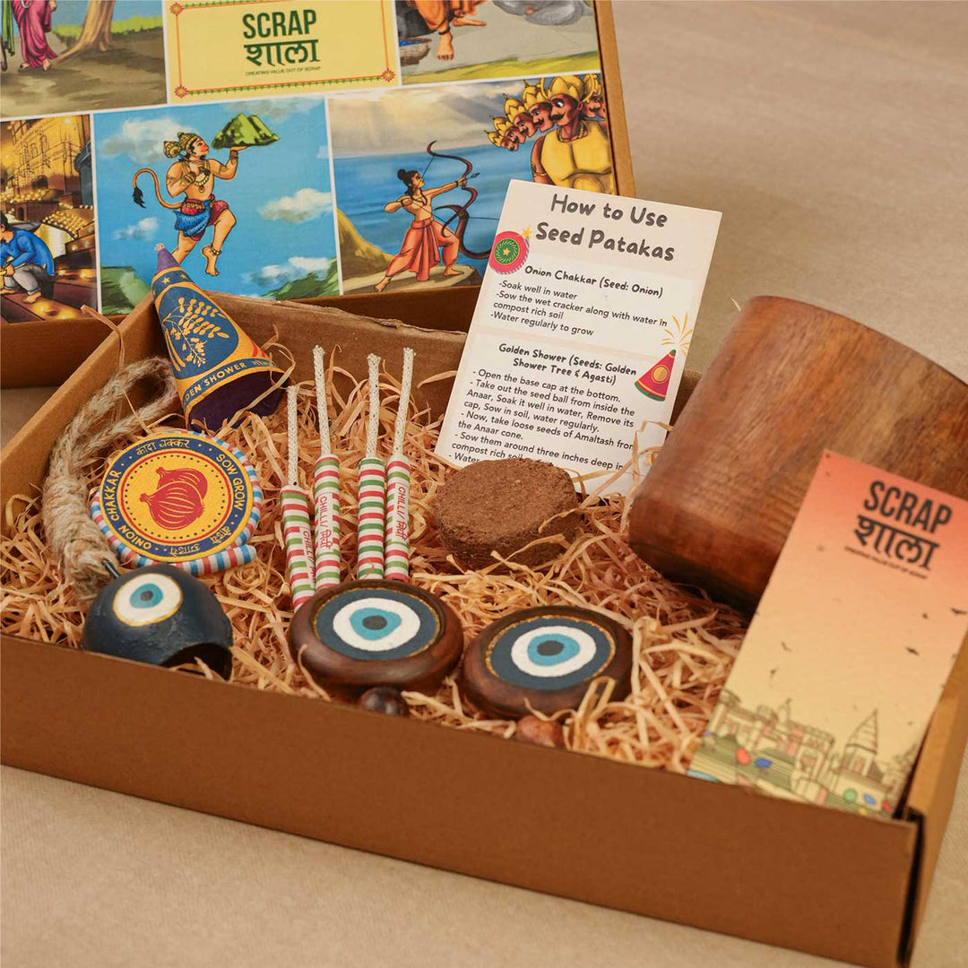 Handmade Samriddhi Gift Hamper | Includes Evil Eye Door Hanging, Evil Eye Bell Hanging, Wooden Planter, Cocopeat, Seed Crackers, Cracker Instruction Card, Seed Card And Outer Box