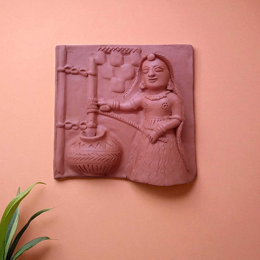 9 x 9 Inch | Women Churning Milk | 3D Handmade Terracotta Molela Mural Wall Art Tile