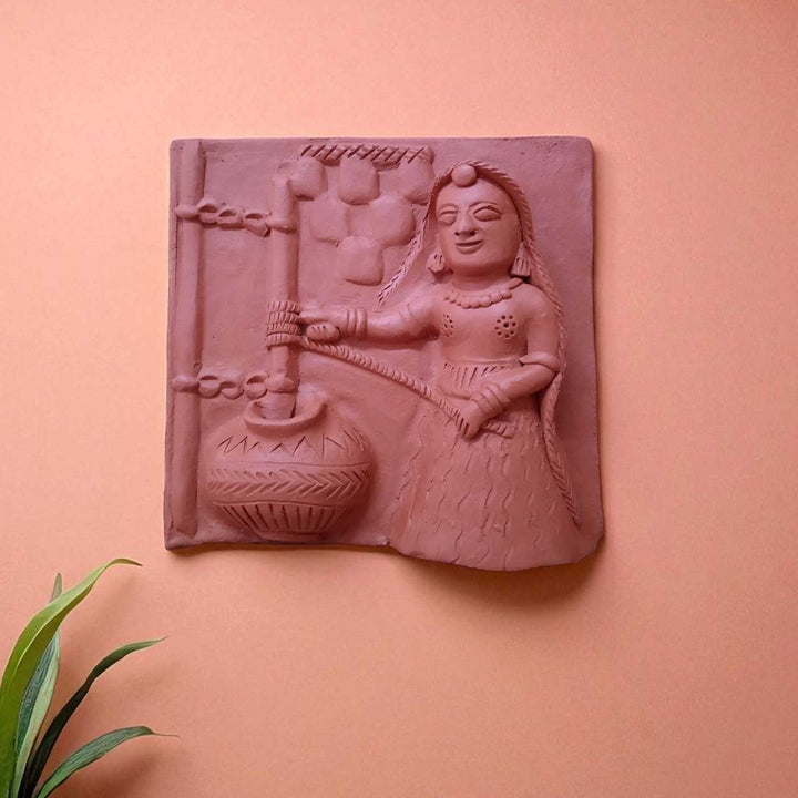 9 x 9 Inch | Women Churning Milk | 3D Handmade Terracotta Molela Mural Wall Art Tile