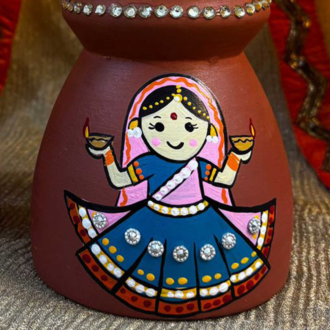 Hand-Painted Diwali Special Rajasthani Couple Theme Terracotta Tealight Holder | Set Of 2