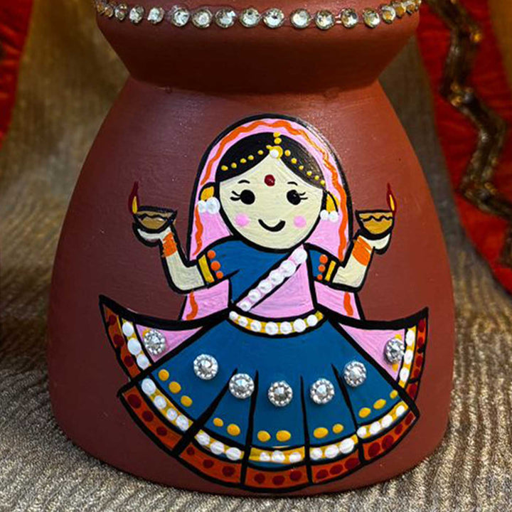 Hand-Painted Diwali Special Rajasthani Couple Theme Terracotta Tealight Holder | Set Of 2