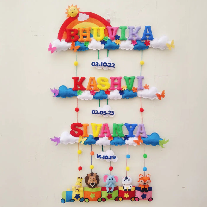 Personalized Rainbow & Animal Train Theme Felt Kids Name Plate