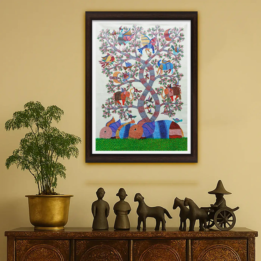 48 x 63 Inch | Rabbit & Birds | Original Hand Painted Tribal Gond Art Painting | Acrylic Paints On Canvas