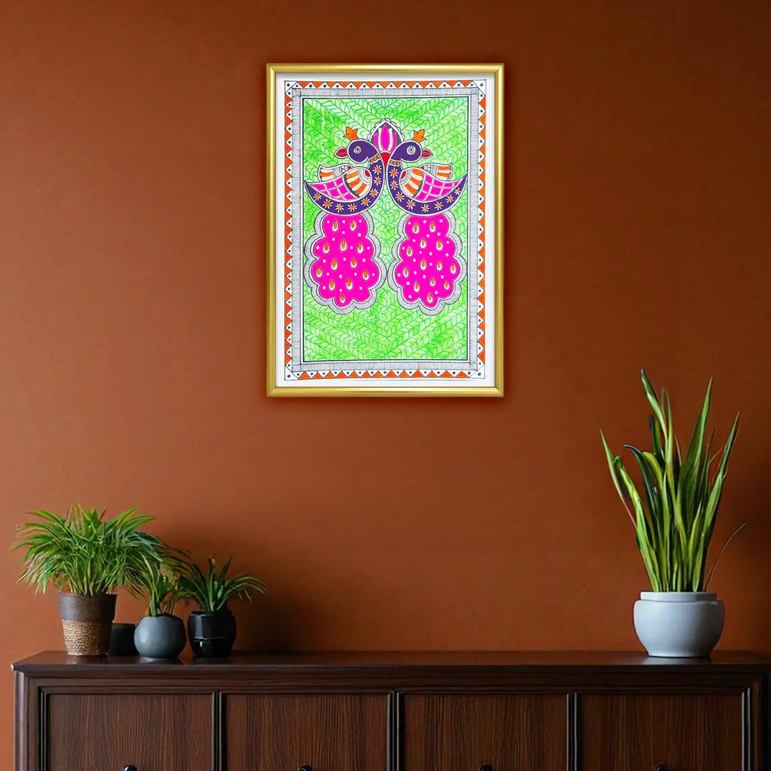 8 x 5 Inch | Symphony In Pink & Green | Original Hand Painted Madhubani Painting On Paper