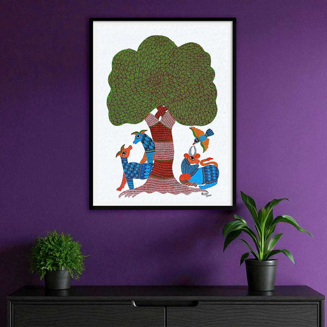 11 x 15 Inch | Harmony Under Tree | Original Hand painted Tribal Gond Art Painting | Acrylic Paints On Paper