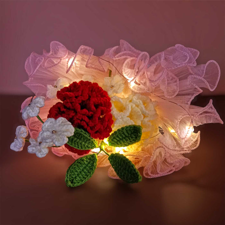 Handmade Crochet Terracotta Pot Flower Bouquet With Lights | Includes Photo & Greeting Card