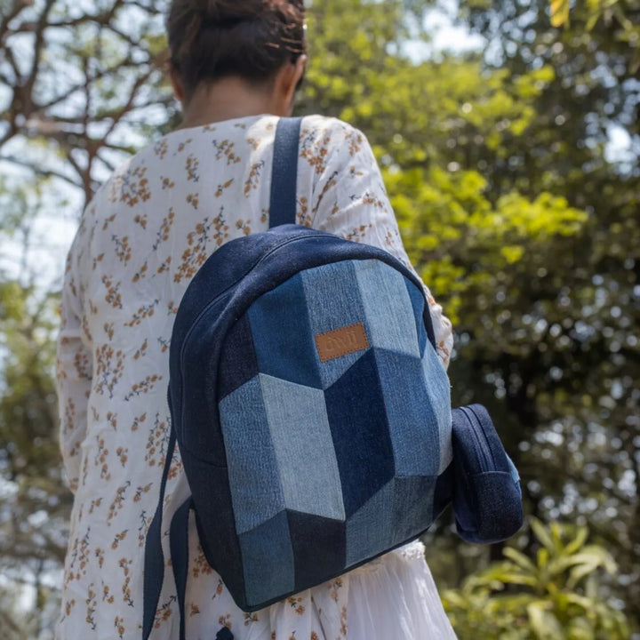 Repurposed Patched Denim Eco-Friendly Mini Backpack With Pouch
