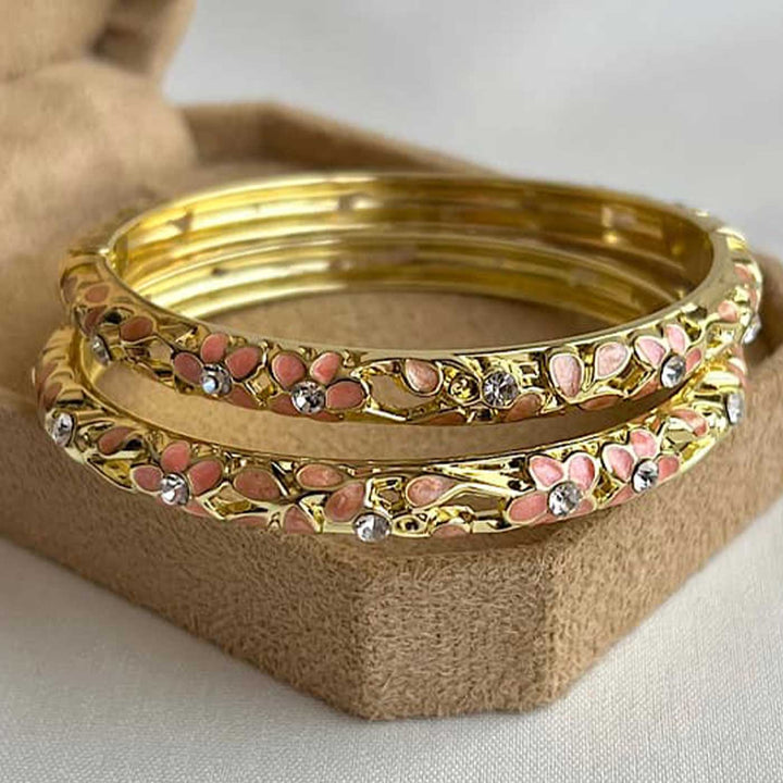 Handcrafted Floral Enamel Cut-Work Crystal Studded 18K Gold Plated Stainless Steel Openable Bangle - Coral