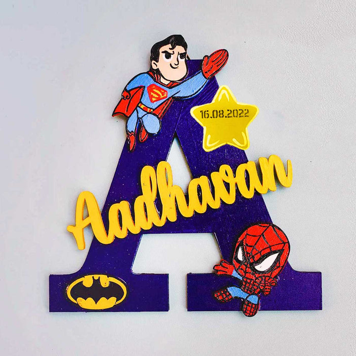 Hand Painted Personalised Kids Spiderman Themed Monogram Name Plate - Front View with Name Personalization (2)