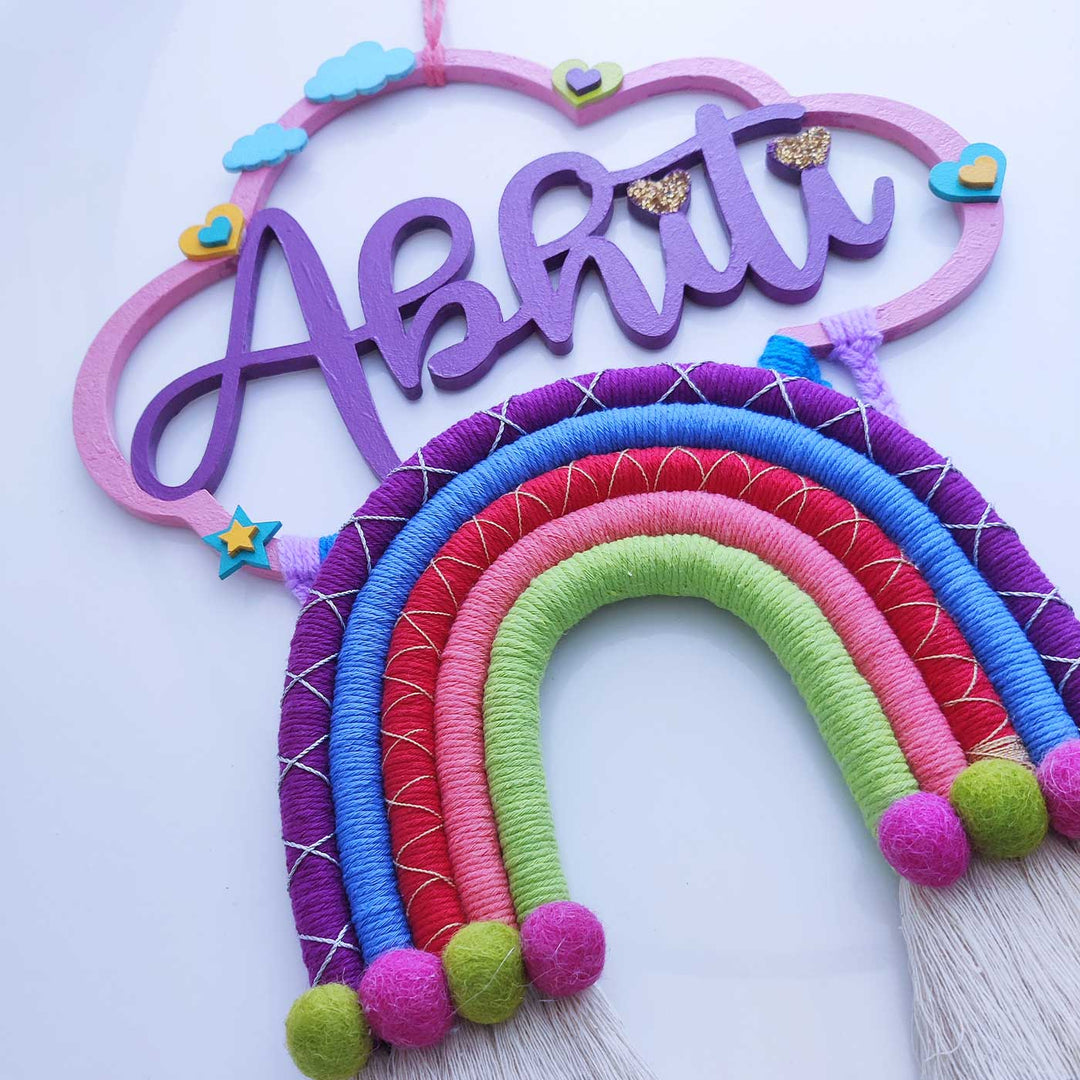 Personalized Handmade Macrame Cloud Rainbow And Tassels Kids Name Plate With 3D Letters - Front View Hanging Display