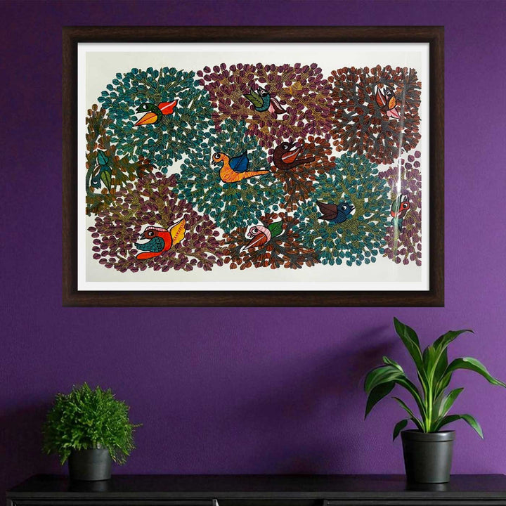 15 x 22 Inch | Birds & Tree | Original Hand Painted Tribal Gond Art Painting | Acrylic Paints On Paper