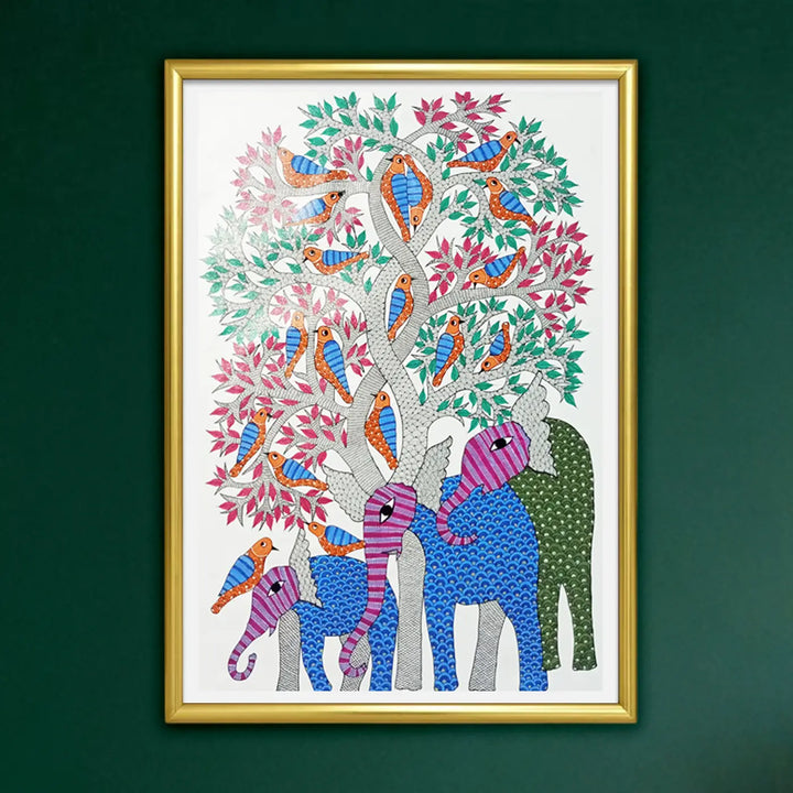 24 x 36 Inch | Elephant & Bird | Original Hand Painted Tribal Gond Art Painting | Acrylic Paint On Canvas