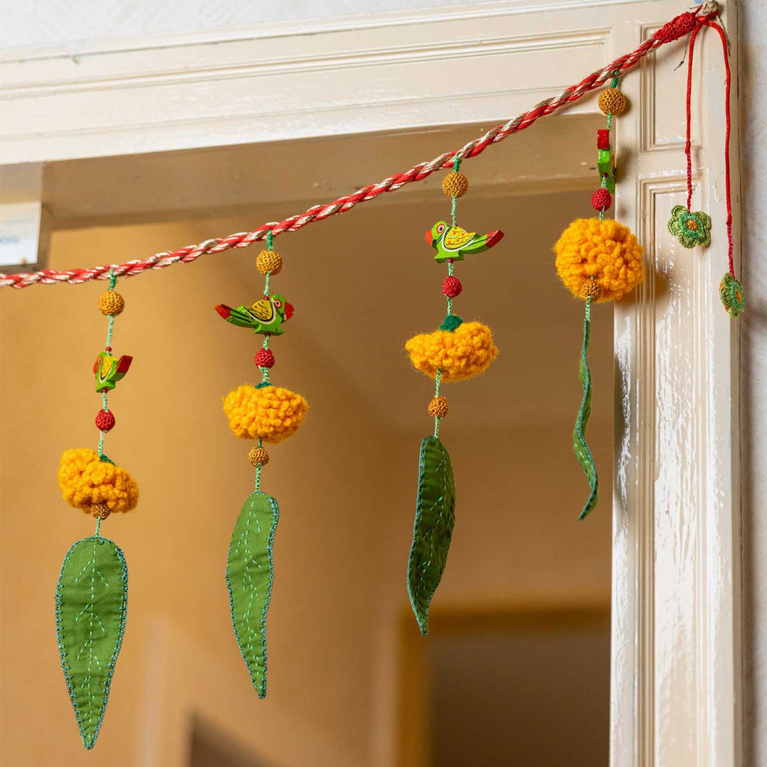 49 Inch | Intricate Realistic Crochet Ashok Patta Marigold And Parrot Cotton Toran