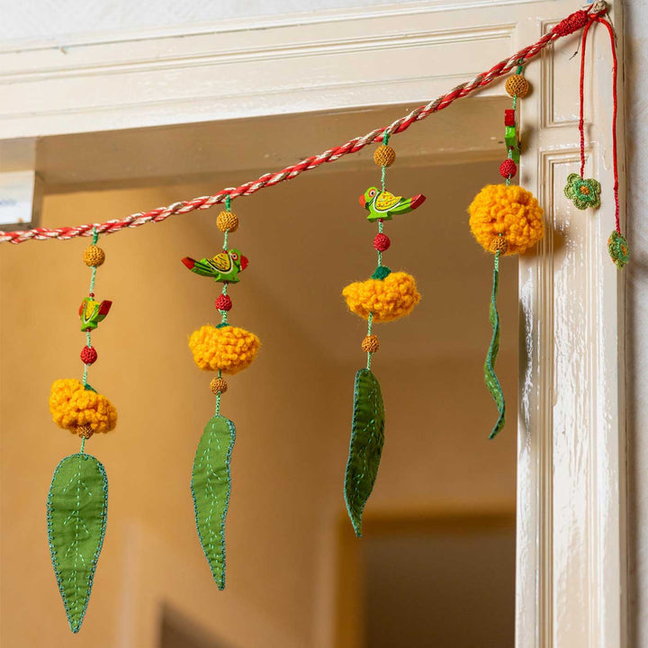 49 Inch | Intricate Realistic Crochet Ashok Patta Marigold And Parrot Cotton Toran