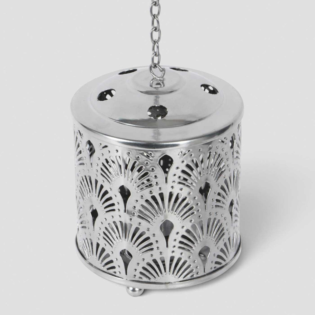 Handmade Silver Round Flower Etched Hanging Metal Tealight Holder For Festive Decor