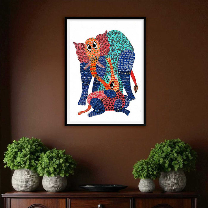 6 x 8 Inch | Elephant and Baby | Original Hand painted Tribal Gond Art Painting | Acrylic Paints On Paper