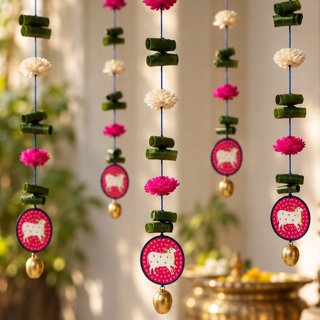 2 Pc | Handmade Cow Motif Pink & White Shola Flower Hanging