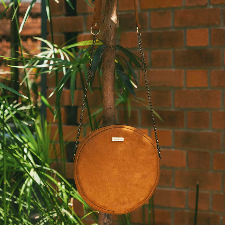 Personalized Embroidered Leafy Tan Stud Round Sling Bag