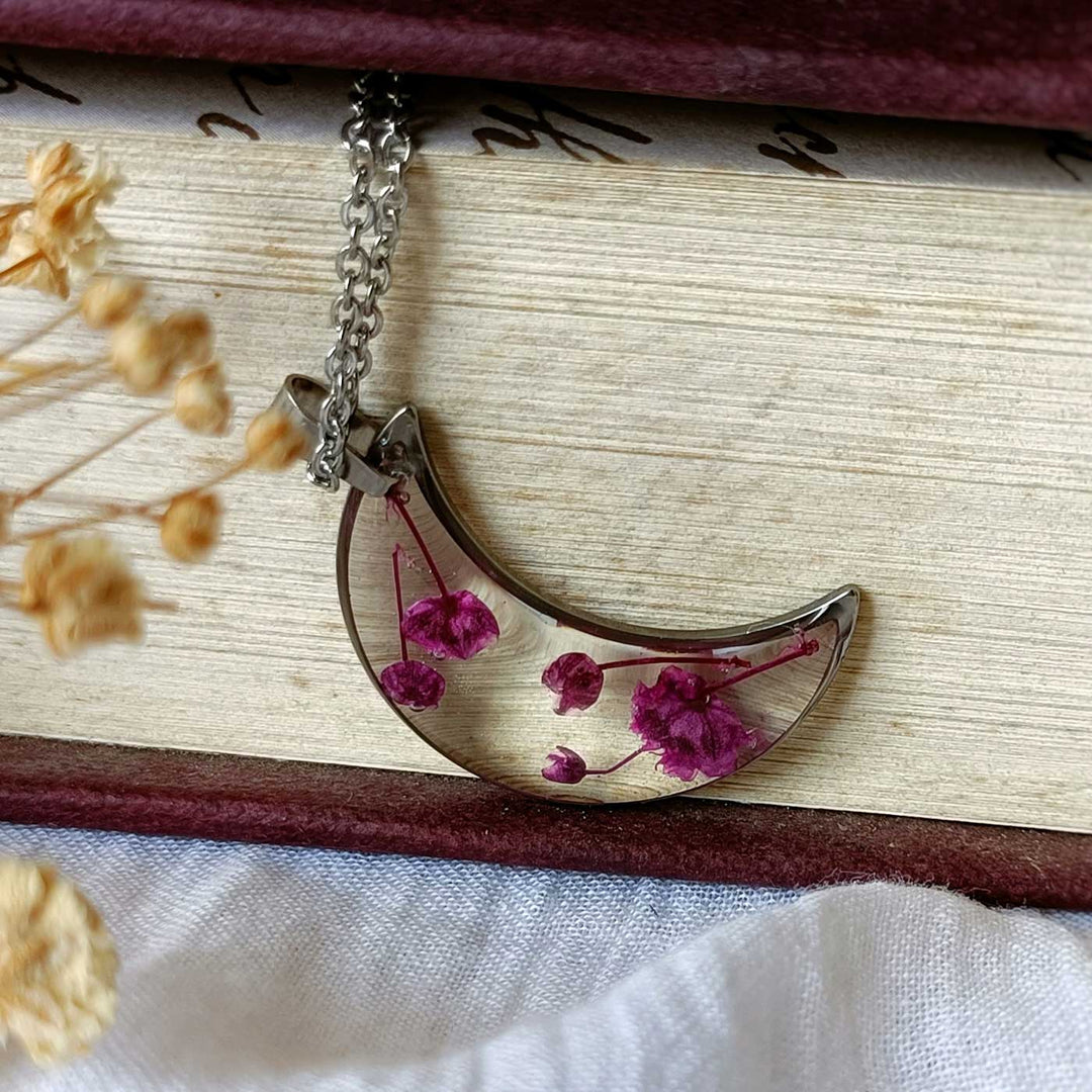 Pink Preserved Flower Luna Moon Shape Stainless Steel Necklace