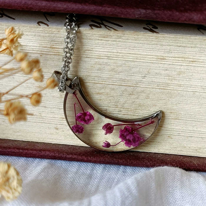 Pink Preserved Flower Luna Moon Shape Stainless Steel Necklace