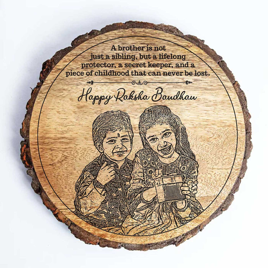 Photo Personalized Engraved Cute Bro Sis Theme Wooden Decorative Plaque Rakhi Hamper Includes 1 Rakhi 1 Plaque 1 Chocolate 1 Card And 1 Rakhi Plate - Top View Close-up of Plaque