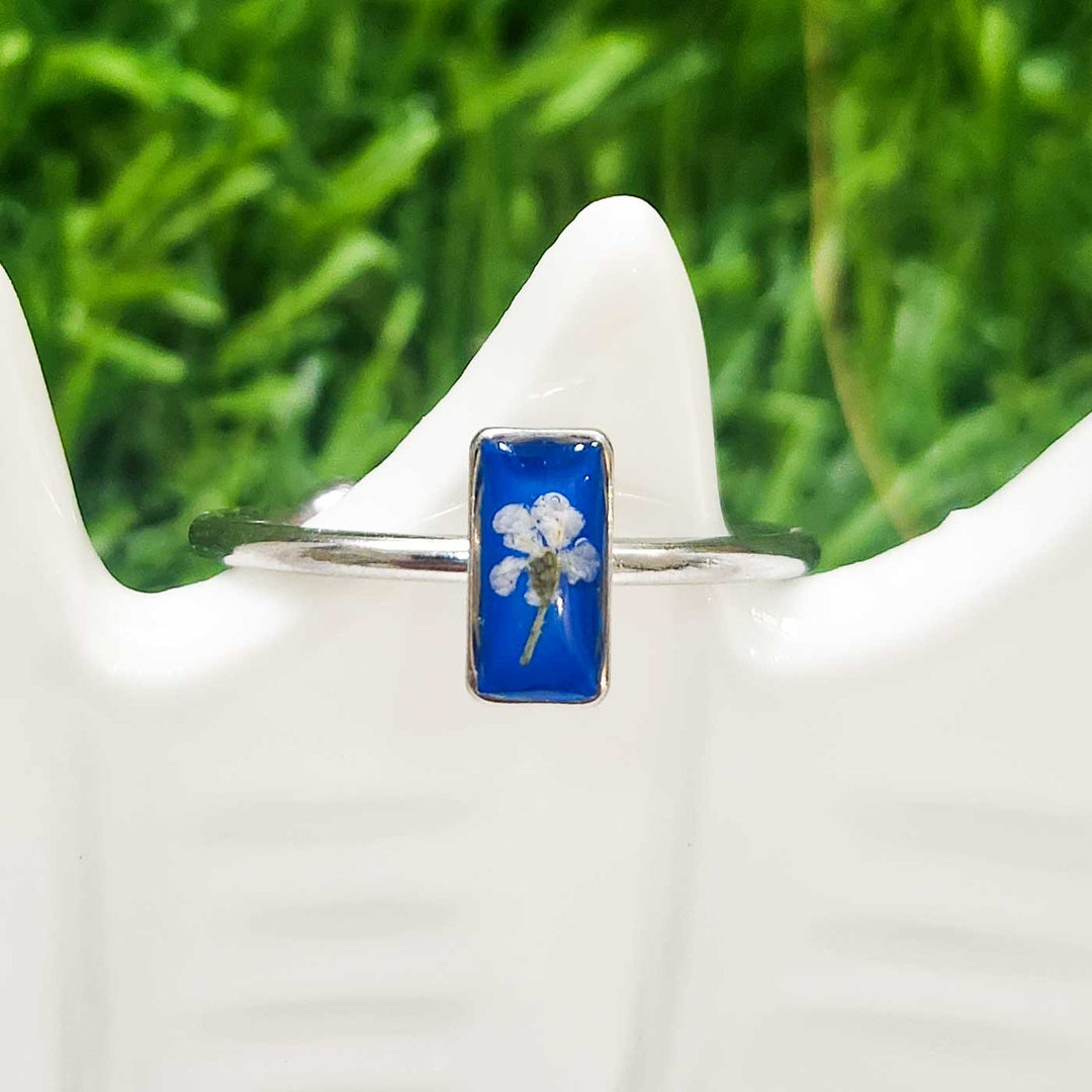 Handmade Pressed Blue Flower Art Resin Ring With Origami Ring Box