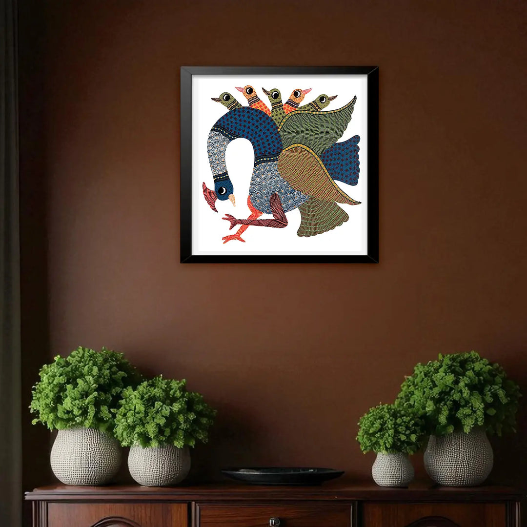 7 x 7 Inch | A Party Of Peacocks | Original Hand Painted Tribal Gond Art Painting | Acrylic Paints On Paper