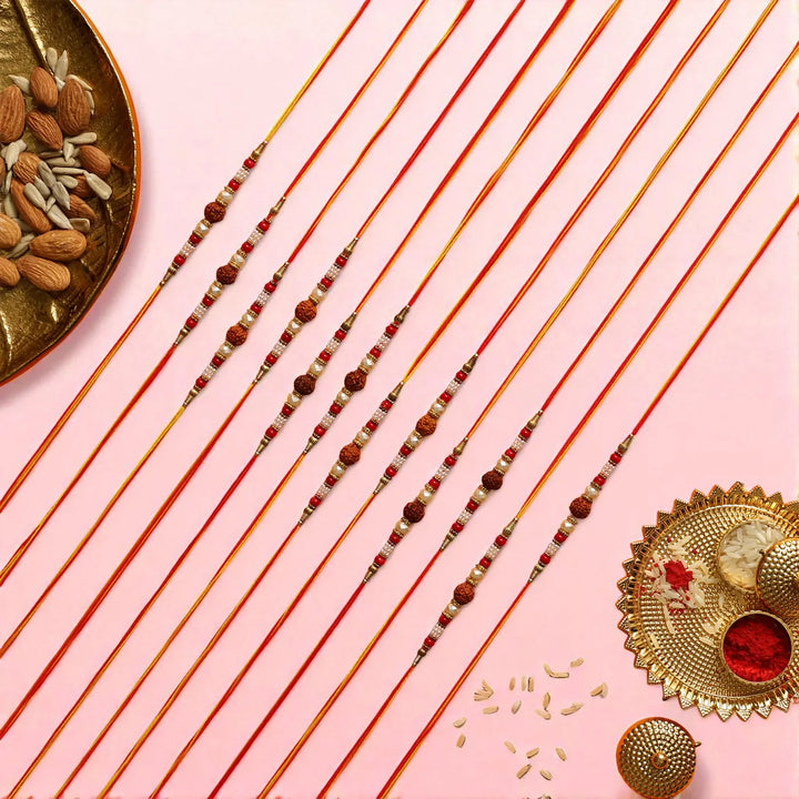 Handmade Rudraksha Dori Rakhi With Roli Chawal | Set Of 12