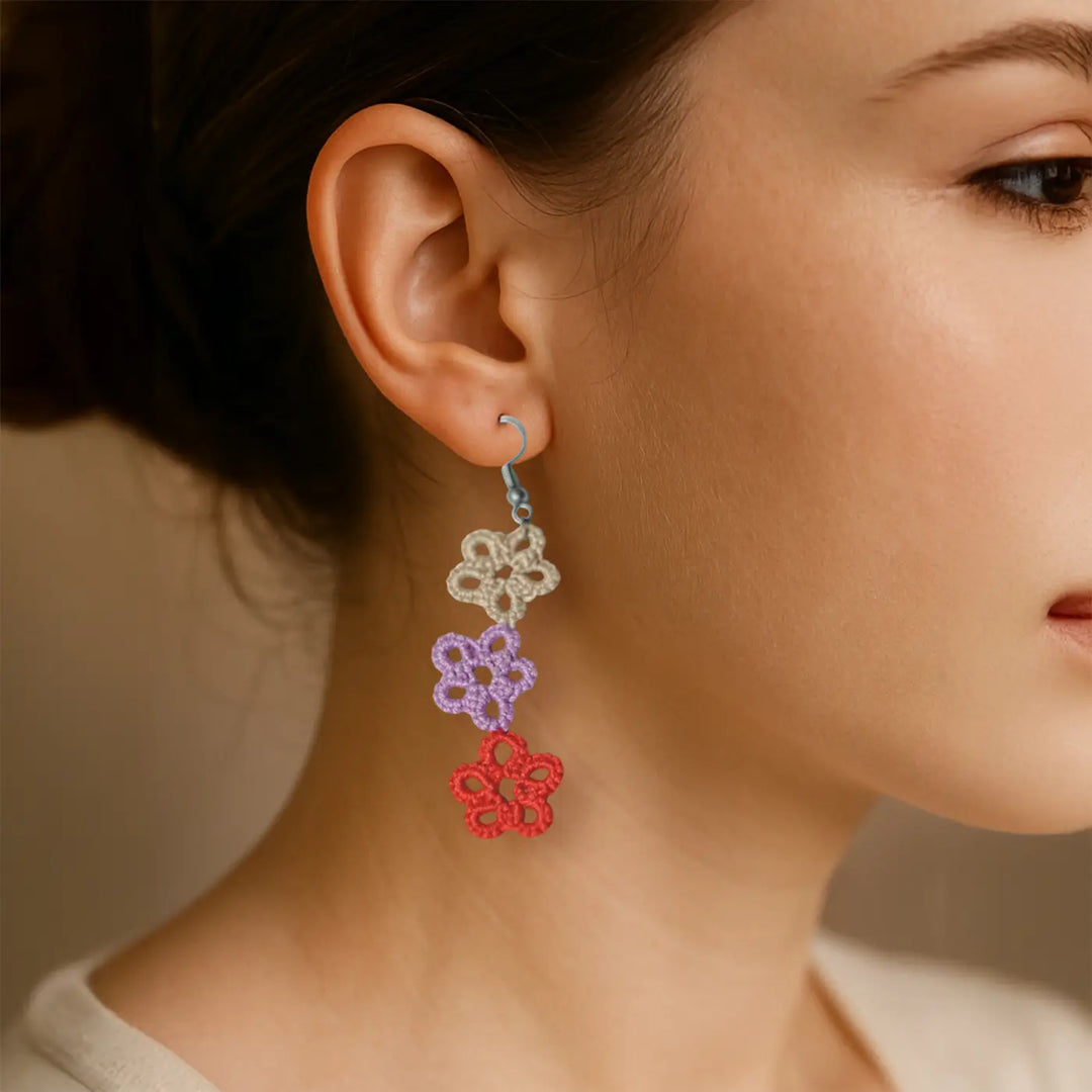 Handmade Tatting Trio Flower Cotton Earrings