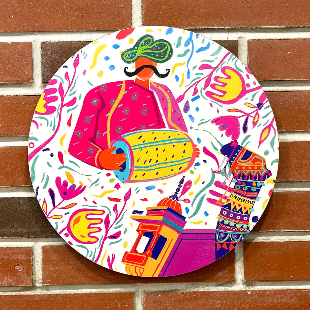 Printed Round Rajasthani Dhol Theme MDF Wood Wall Decor