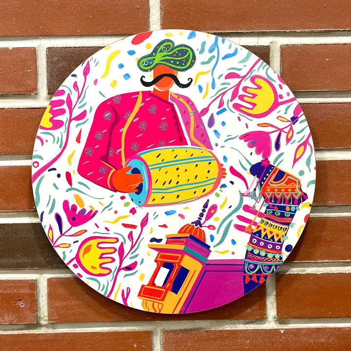 Printed Round Rajasthani Dhol Theme MDF Wood Wall Decor